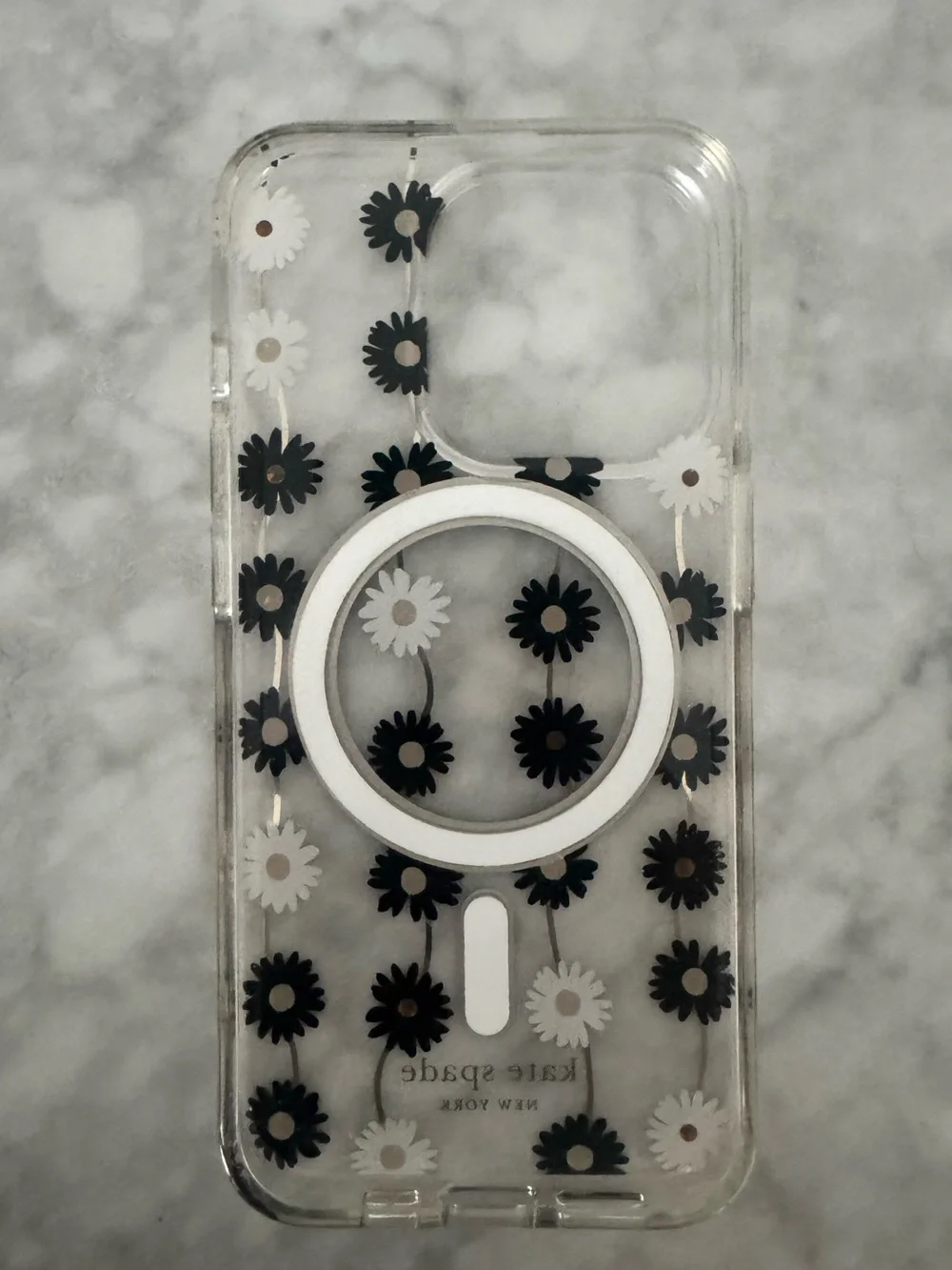 Kate Spade Clear Black & White Daisy Pattern Phone Case for iPhone 15 Pro